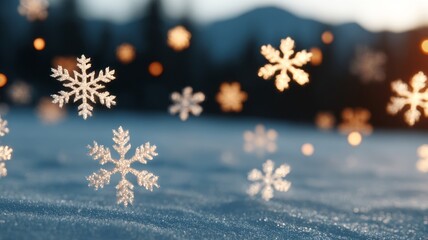 Close-up snowflakes floating above a snowy surface with warm glowing bokeh lights in the background