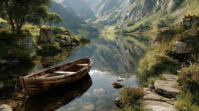 Serene mountain lake scene with rustic boat gently resting near the shore at sunrise