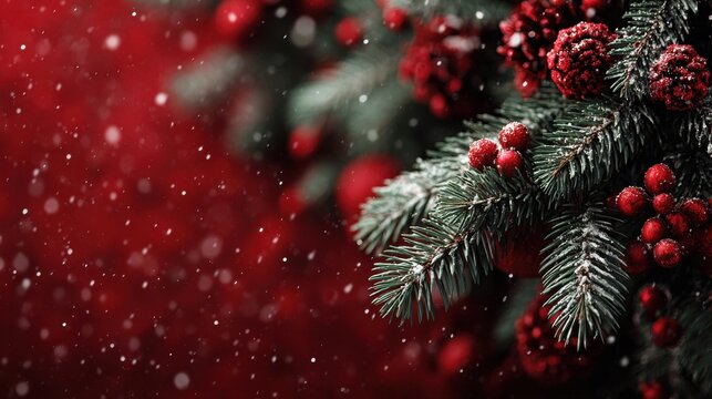 Christmas holiday background with sparkling lights, snow-covered tree, berries and pine cones on a red surface