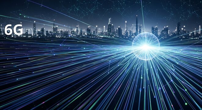 Futuristic 6g network connecting a glowing digital city with streams of data