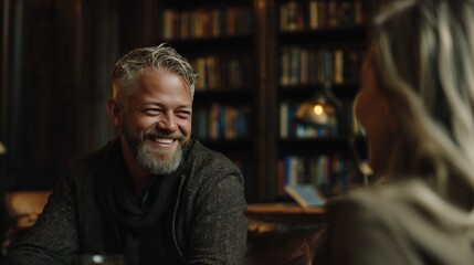 A woman and a man sit at a table in a library, engaged in an animated conversation that reflects their connection. The atmosphere in the library is warm and inviting, enhancing the