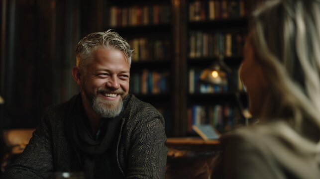 A woman and a man sit at a table in a library, engaged in an animated conversation that reflects their connection. The atmosphere in the library is warm and inviting, enhancing the - Powered by Adobe