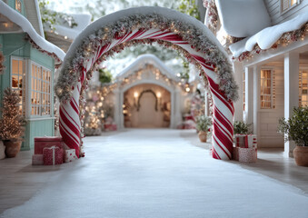 Festive christmas arch with candy cane stripes, snow covered village, holiday lights, winter, cheerful, decorated, gift box