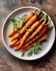 Roasted carrots glazed with mustard and herbs, garnished with fresh basil, served on white plate, rustic background