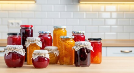 Assorted homemade jams in glass jars on wooden kitchen counter
