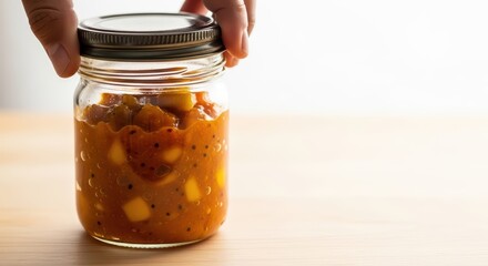 Homemade mango chutney in a glass jar with hand on wooden table