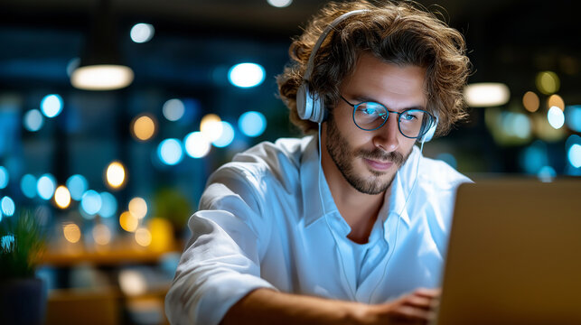 Office worker man with headphones focusing on spreadsheet on laptop, glass office backdrop, productivity vibe, with copy space