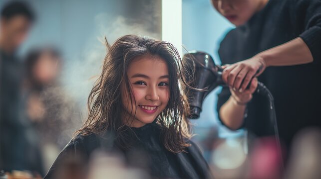 In a busy beauty salon, a hairdresser skillfully dries the hair of a young girl sitting patiently in the salon chair. The girl shows excitement as she anticipates her new hairstyle - Powered by Adobe