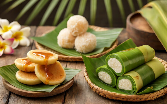 A vibrant food photography composition showcasing traditional Balinese sweets (Jae Bali) arranged on banana leaves and woven bamboo plates. The scene features golden laklak mini pancakes drizzled with