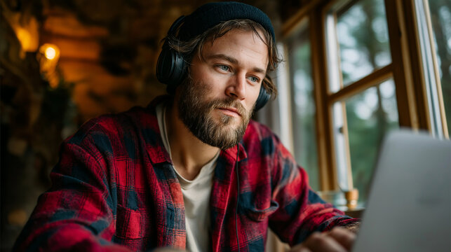 Man in headphones and flannel working on laptop in rustic cabin, forest window view, digital nomad mood, with copy space - Powered by Adobe