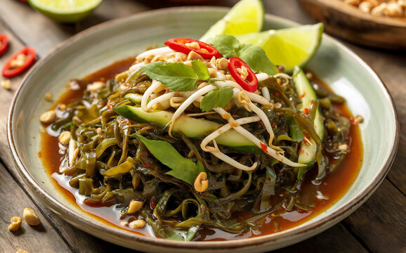 A vibrant photograph of Rujak Bulung, an Indonesian fresh seaweed salad, artfully arranged on a traditional ceramic plate. The glossy dark green seaweed strands are mixed with crisp bean sprouts, cucu