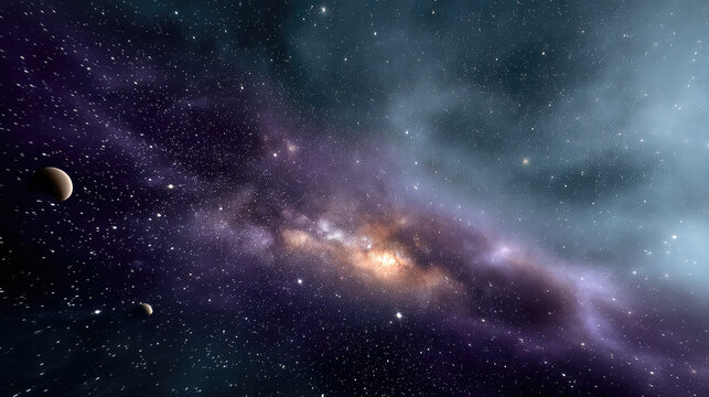 Dark nebula space scene with planets, glowing stars, cosmic dust, and deep purple galaxy background, evoking wonder and mystery