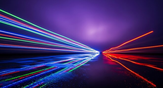 Abstract streaks of colorful light trails moving fast through darkness - Powered by Adobe