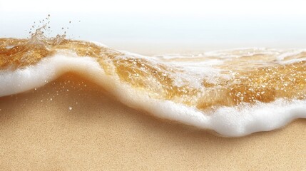Waves of golden water crash against soft sandy shores under the bright sun. The scene captures the beauty of nature and the tranquility of the ocean. Gentle foam forms as the waves retreat.