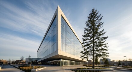 Modern triangular glass building with sharp angles and a tall evergreen tree
