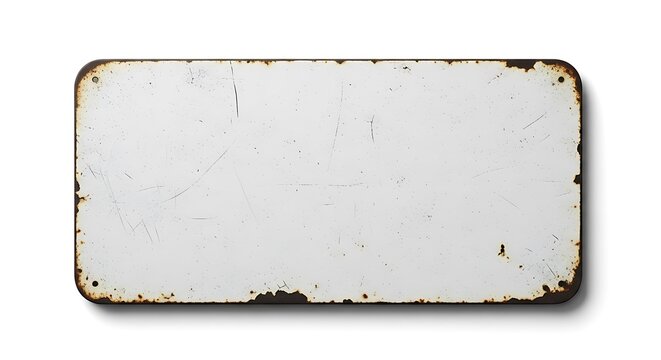 Blank distressed white metal sign with weathered edges isolated on white background
