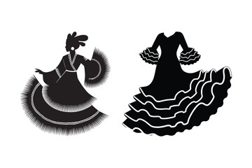 Silhouettes of two dancers in traditional flamenco dresses