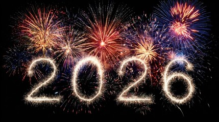 Vibrant fireworks burst in the sky to celebrate New Year 2026. The dazzling display features bright colors and shapes marking a joyful occasion at midnight.
