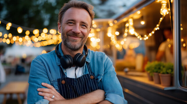 Man in headphones queuing at street food truck, festival lights, cheerful evening, candid smile, with copy space