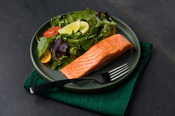 Cooked salmon fllets with green salad on green background