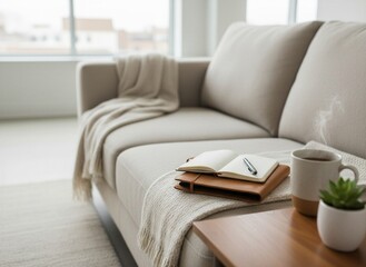 Open leather notebook with pen, steaming mug, and succulent on wooden side table in a bright, cozy modern living room with a beige sofa.