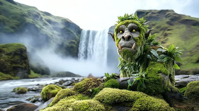 A moss-covered troll near midnight waterfall, Scandinavian folklore + dark fantasy illustration, glowing eyes, foggy blurred cliffs with copy space.