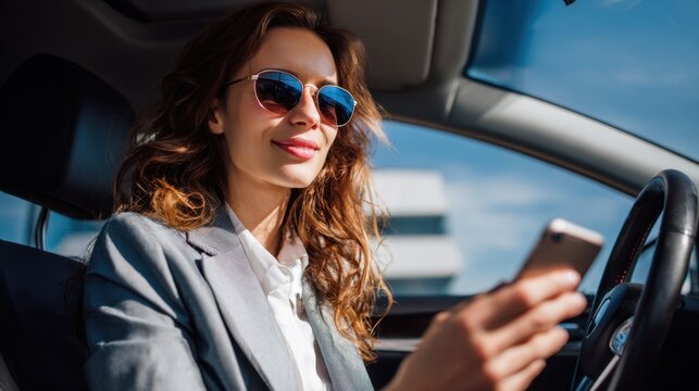 A stylish woman with wavy hair wears sunglasses as she sits in the driver's seat of her car. She is focused on her smartphone showcasing a modern urban lifestyle during bright daylight.
