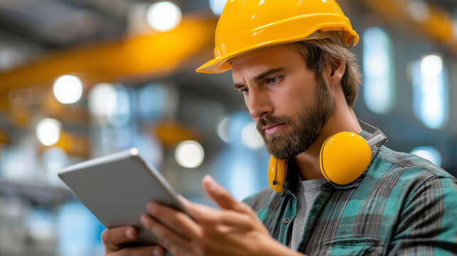 Engineer man in safety headphones inspecting factory line, tablet in hand, industry 4.0, with copy space
