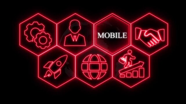 Red Neon Hexagon Icons Depicting Mobile Technology and Business Concepts on Black smartphone digital