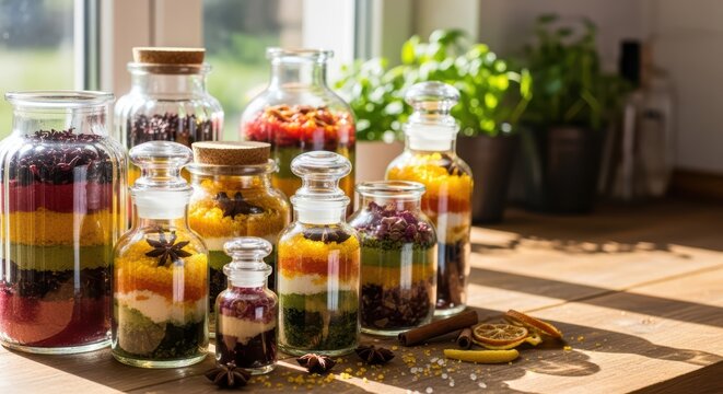 Colorful layered spice jars with herbs and dried citrus in sunlit kitchen