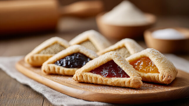 Assorted hamantaschen cookies with varied fruit fillings for purim celebration