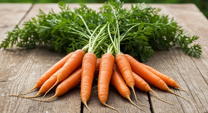 Freshly harvested carrots with green tops on a wooden surface vegetables food healthy organic garden root orange