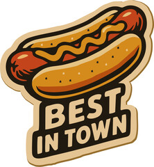 Appetizing cartoon hot dog in a bun with mustard and ketchup, placed above a bold beige banner with black outline.