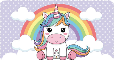 Cute rainbow unicorn sitting on clouds with colorful mane and pastel background, perfect for kids designs and decorations – flat vector illustration