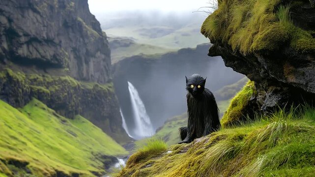 A moss-covered troll near midnight waterfall, Scandinavian folklore + dark fantasy illustration, glowing eyes, foggy blurred cliffs with copy space.