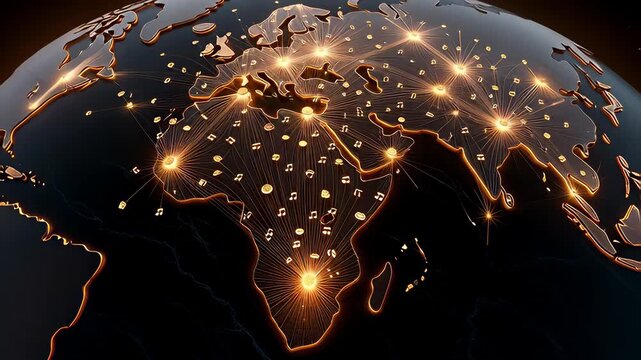 Animated visualization of a digital diaspora community spreading music and culture from Africa across a global network on a 3D globe. - Powered by Adobe