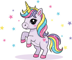 Standing unicorn, purple body, rainbow mane, golden horn, heart marks, colorful stars, magical theme, cute pose, flat vector illustration