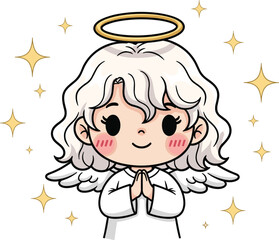 angel character, white wings, golden halo, serene face, praying pose, divine figure, peaceful spirit, flat vector illustration