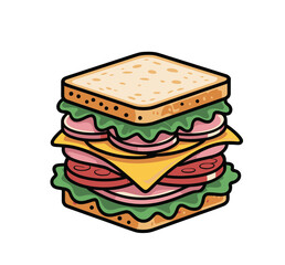 Cartoon sandwich with ham cheese tomato and lettuce on white background 