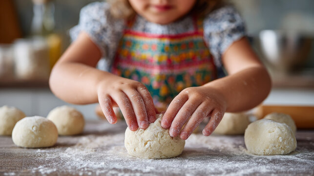 Child's hands crafting homemade thumbprint cookies for holiday baking fun - Powered by Adobe