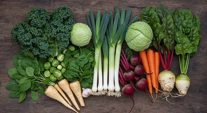 Freshly Harvested Vegetables on Wooden Surface organic food healthy kale cabbage leeks beets carrots parsnips spinach