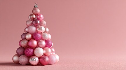 Christmas tree composition created with pink ball decoration on pink table background, with copy space, new year sale card
