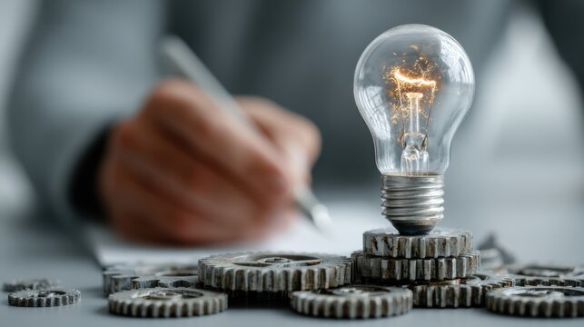 Analyzing financial performance with gears and pen to optimize business operations, increase profitability, and promote best practices for continuous improvement