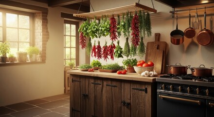 Rustic kitchen with herbs, chilies, and fresh vegetables in cozy sunlit space