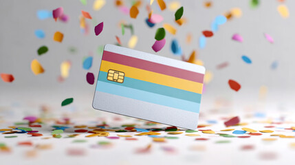 Celebration concept featuring gift card with colorful falling confetti for festive occasions