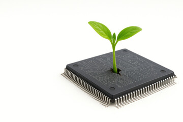 A green sprout growing from a microchip is a symbol of bio-technology. Space for text.