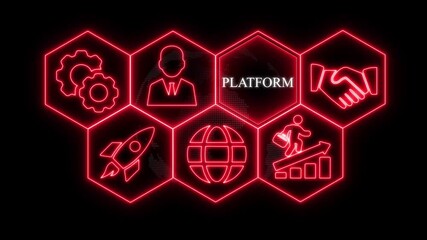 Red Neon Hexagonal Icons Symbolizing Business Elements with the Word PLATFORM platform technology - Powered by Adobe