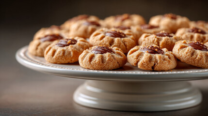 Delicious peanut butter blossom cookies on rotating cake stand for festive dessert presentation