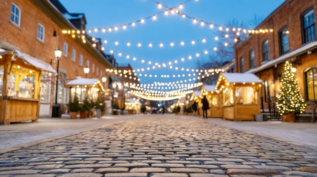 Festive market alley with glowing string lights and cobblestone path at dusk