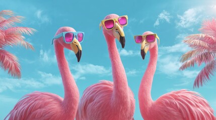 Naklejka premium Three playful flamingos wear colorful sunglasses while standing together. They are surrounded by vibrant palm trees in a bright blue sky conveying a cheerful summer atmosphere.